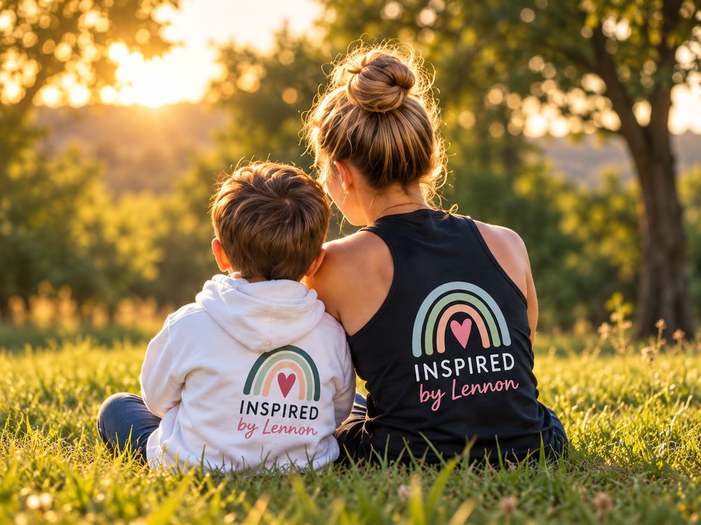 A woman and a boy sitting together on the grass, seen from behind, both in Inspired by Lennon tops